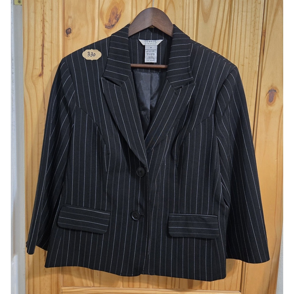George Womens Stretch Blazer Size‎ 18 Blac/ White Pinstripe Long Sleeve 2 Button